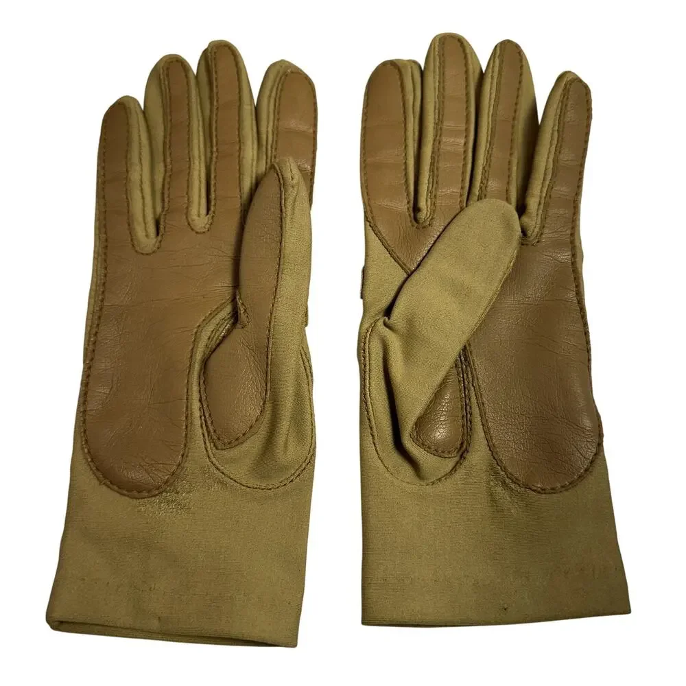 VTG Womens Gloves SZ S Leather & Woven Stretch Fabric Beige Driving Transitional